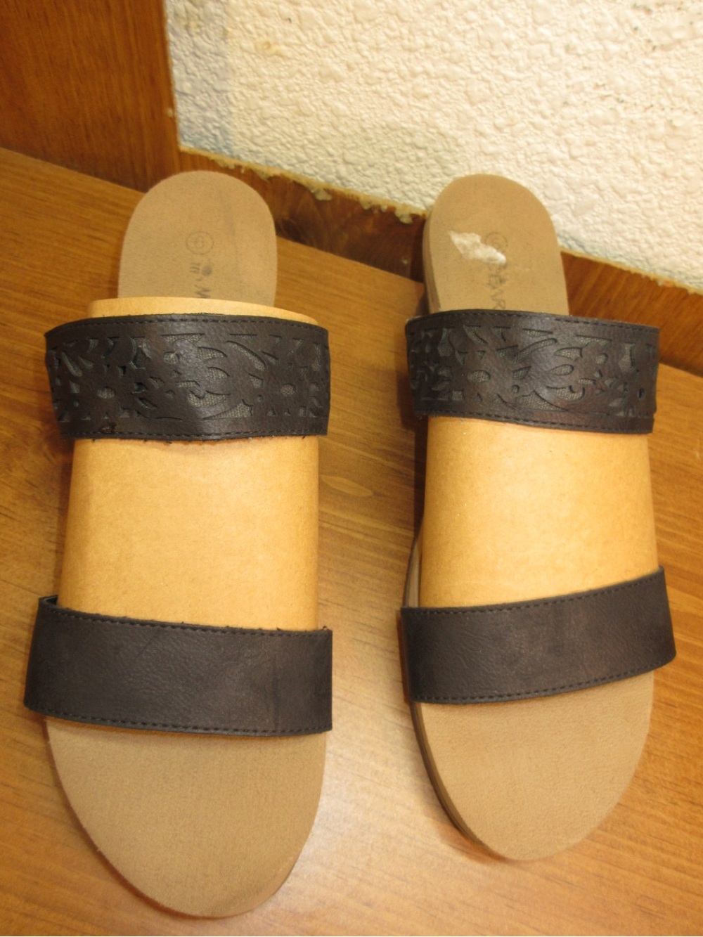 BearPaw Black Double-Strap Slide Sandals with Laser-Cut Detail